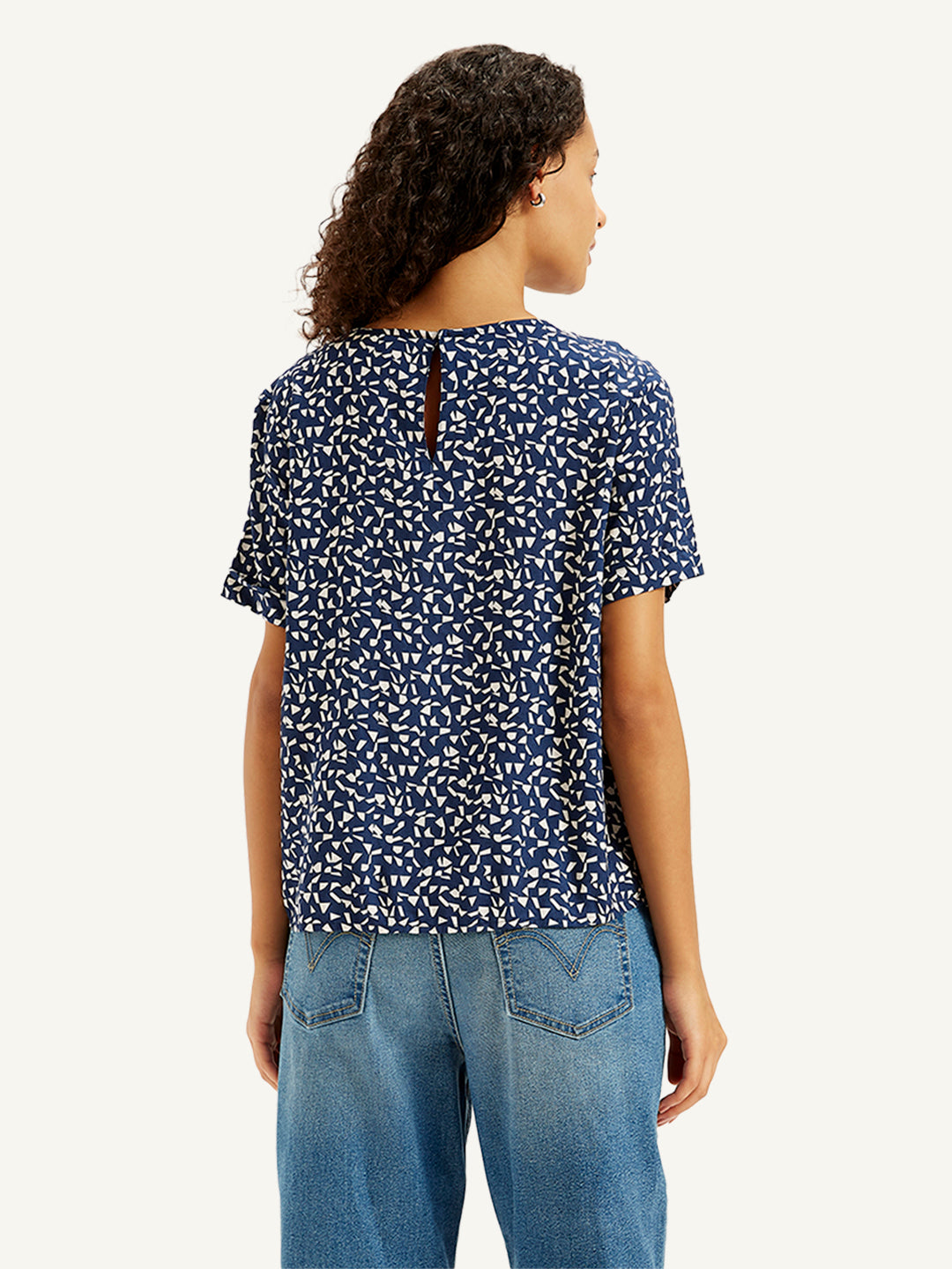 Women's Geometric Print Navy Round Neck Top - Back View