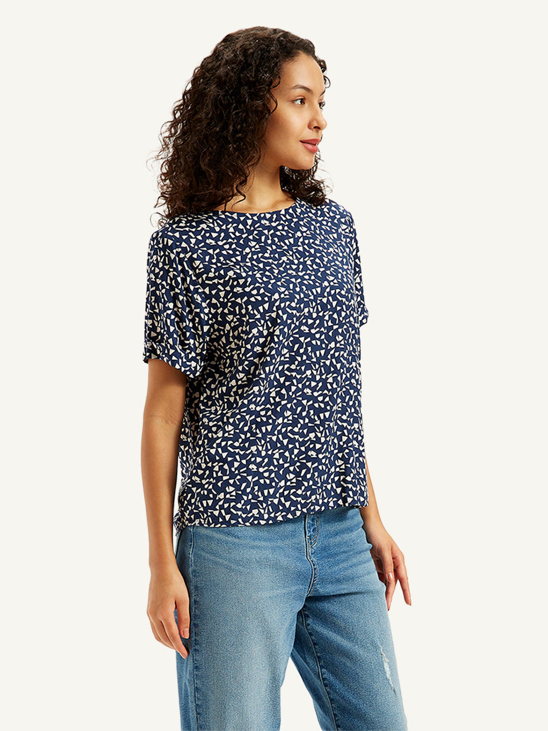 Women's Geometric Print Navy Round Neck Top - Side View
