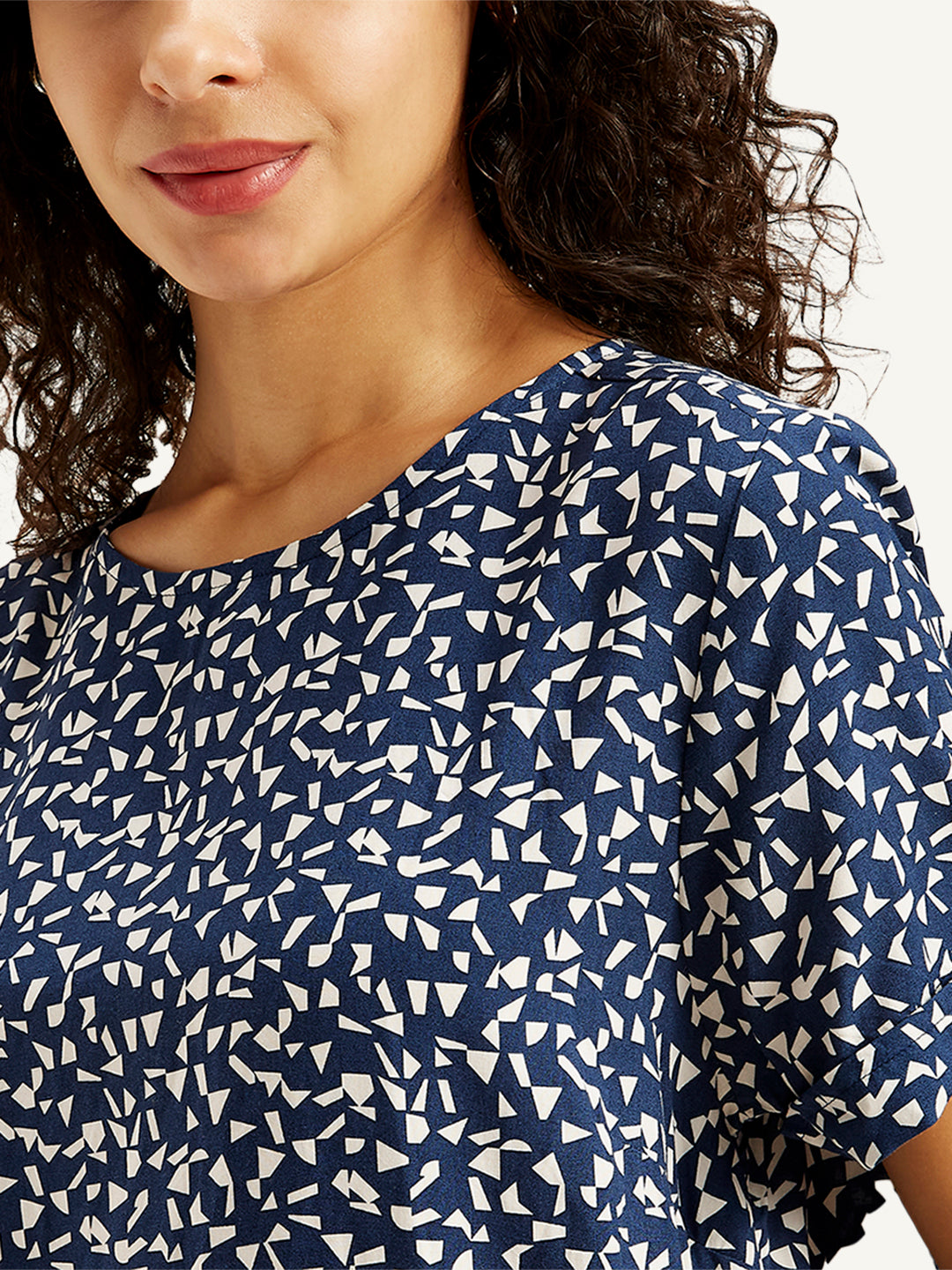 Women's Geometric Print Navy Round Neck Top - 60106d46-09bf-4814-90f4-edf189b0d6bc View