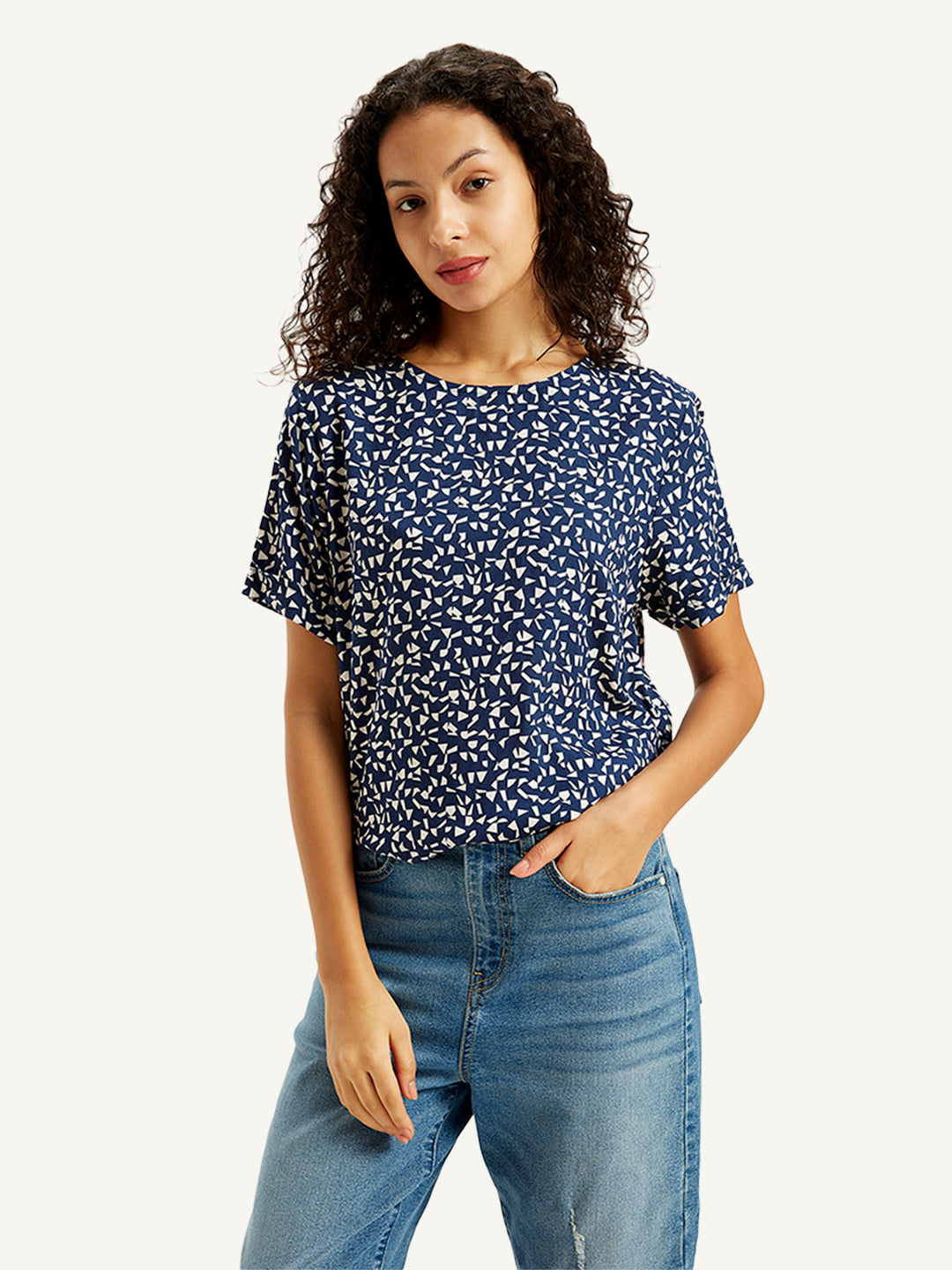 Women's Geometric Print Navy Round Neck Top - Styleshot View