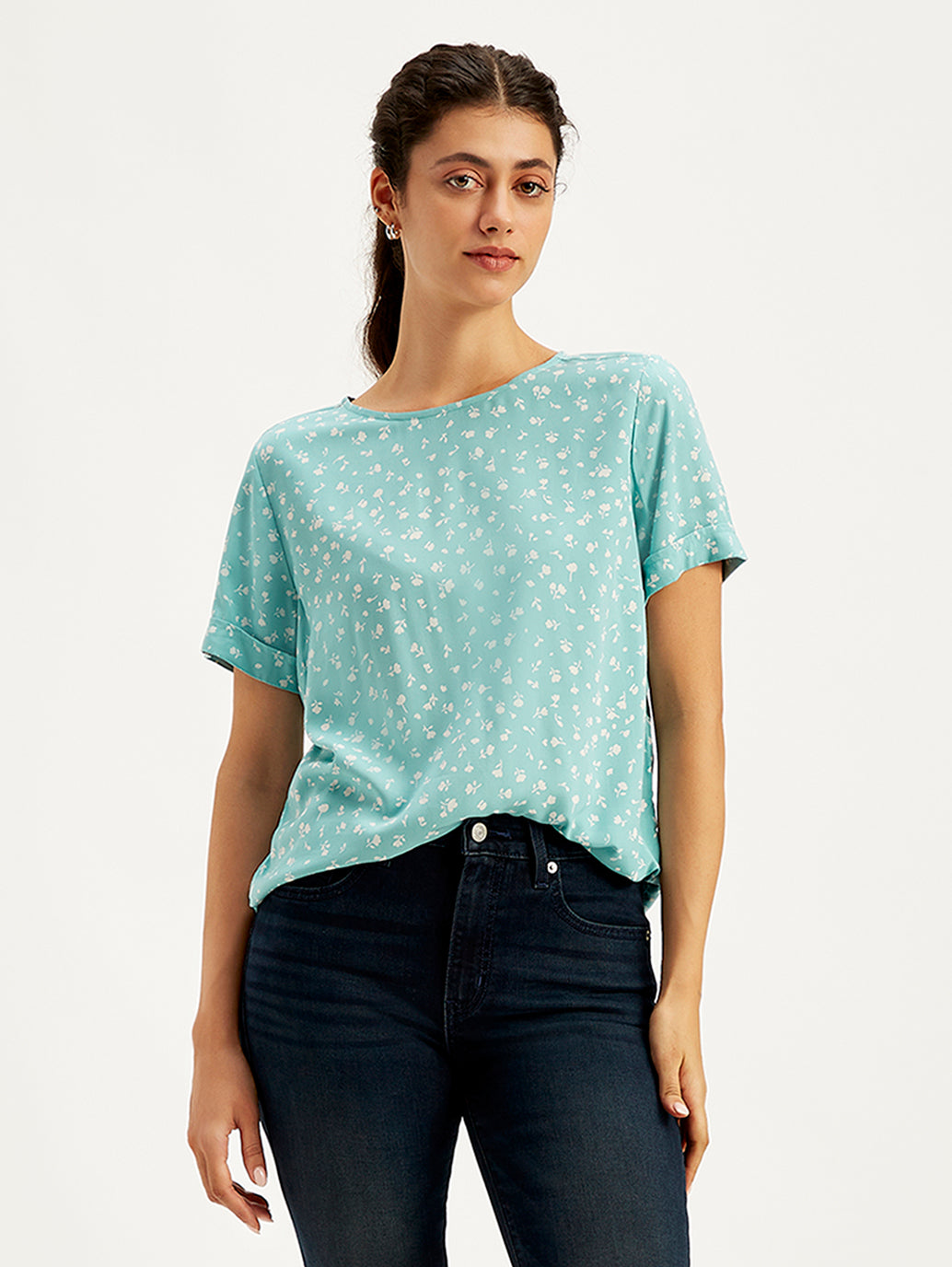 Women's Floral Print Light-Blue Round Neck Top - 41f168aa-b731-4af0-a310-06b114d6de26 View