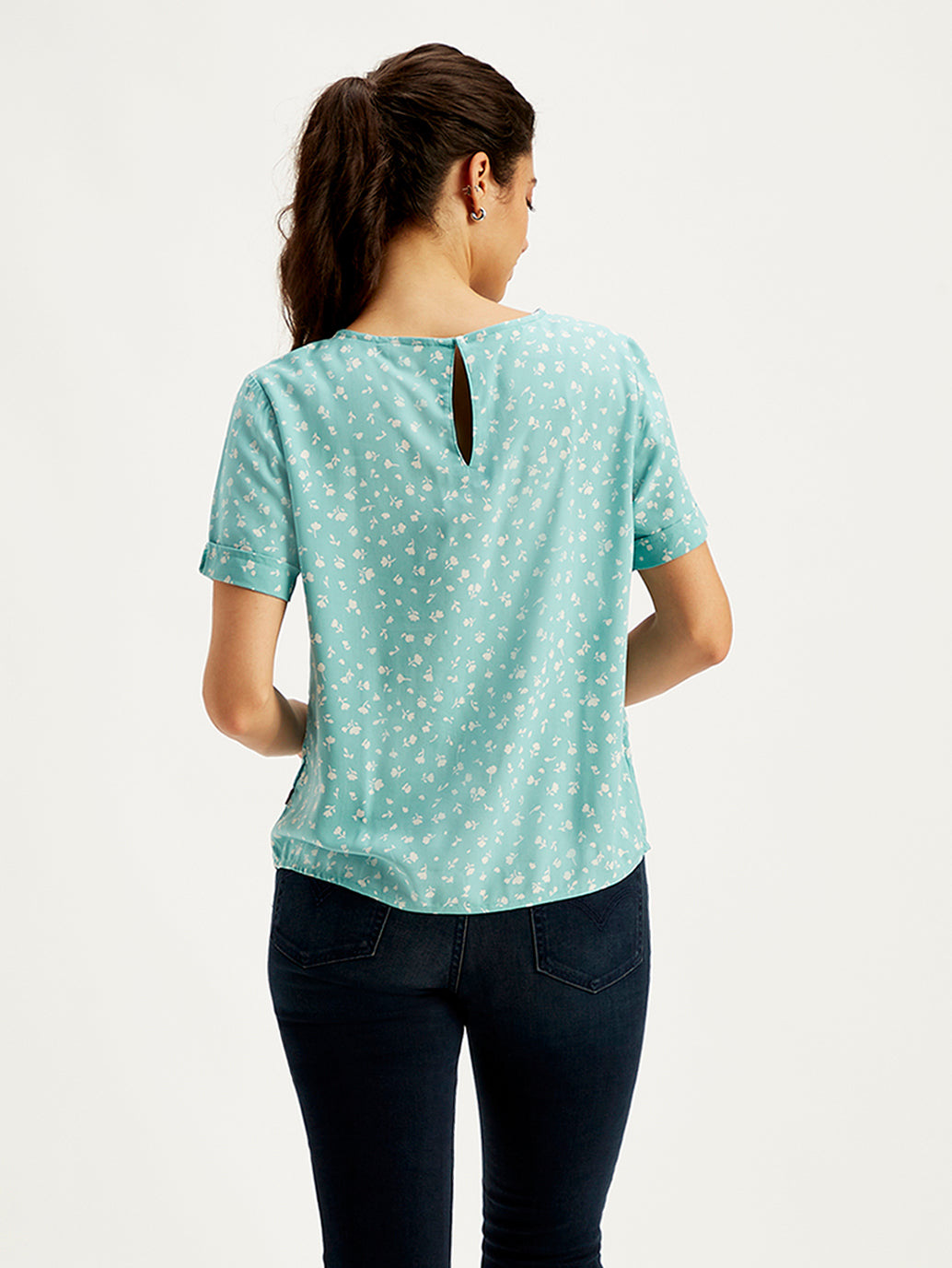 Women's Floral Print Light-Blue Round Neck Top - dfaa1614-a42c-4a0e-8fce-d47a595ca849 View