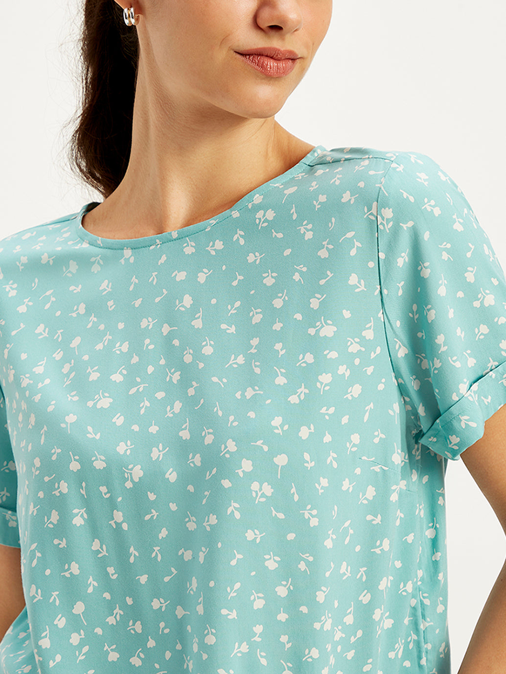 Women's Floral Print Light-Blue Round Neck Top - 30b71b2a-0dc5-43fb-bae4-e73ea36d77d5 View