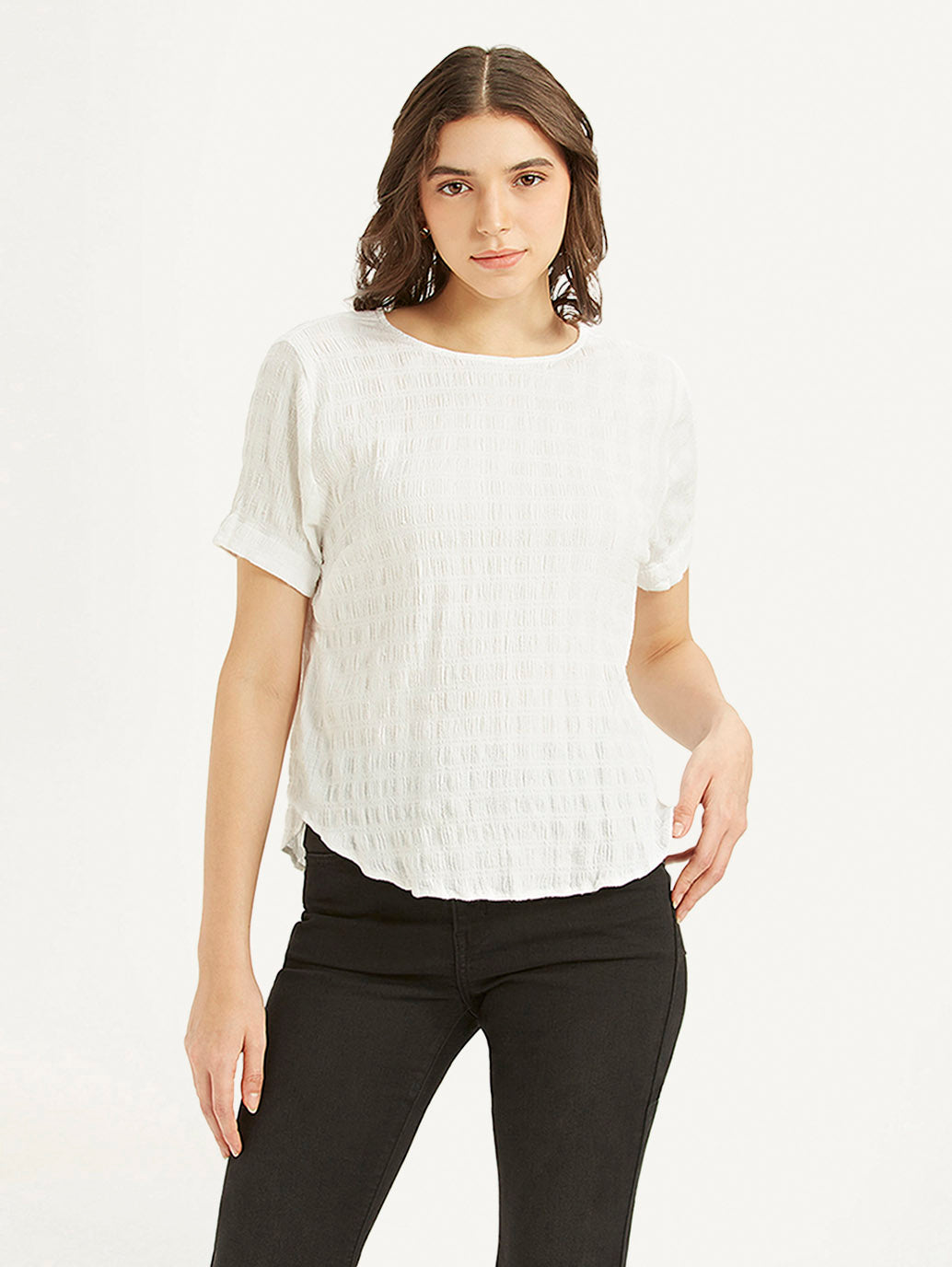 Women's Textured White Round Neck Top - 4d2bf5f4-f4e9-4b6c-9f3f-9866bd6b8d36 View