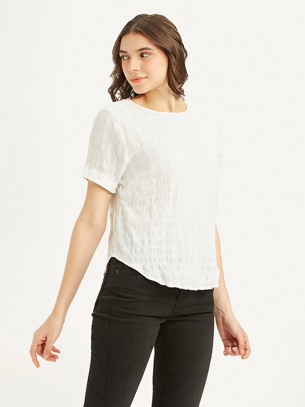 Women's Textured White Round Neck Top - 8b2be7d6-2ee6-4da4-a04b-484611c38548 View