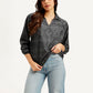 Women's Abstract Charcoal Grey Spread Collar Top - Styleshot View