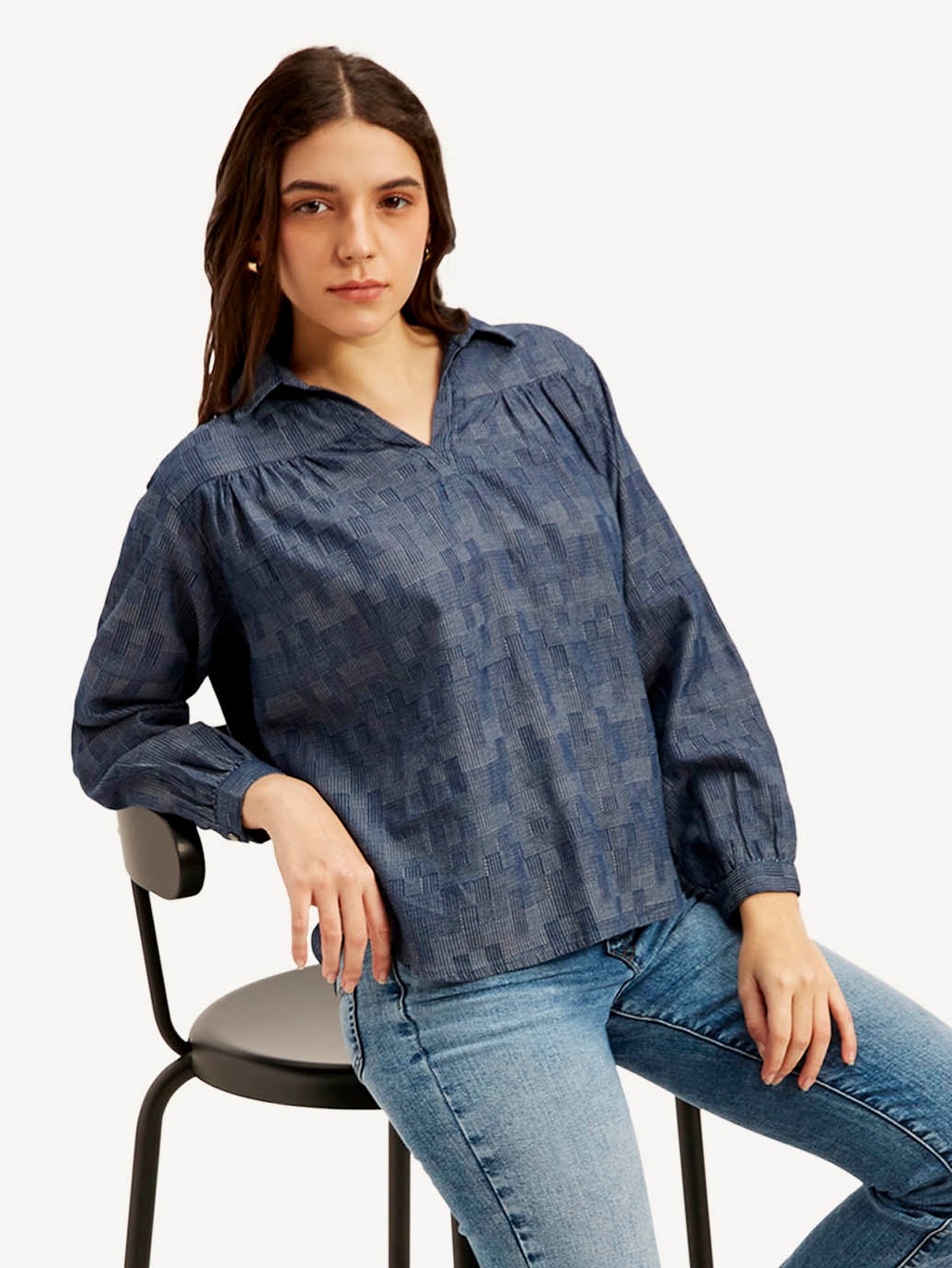 Women's Abstract Dark Blue Spread Collar Top - Styleshot View