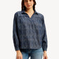 Women's Abstract Dark Blue Spread Collar Top - Front View