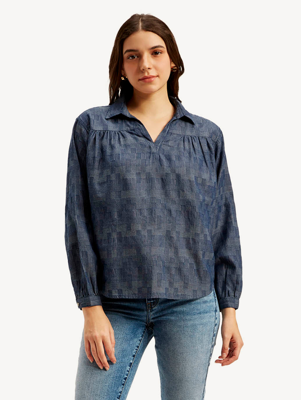 Women's Abstract Dark Blue Spread Collar Top - Front View