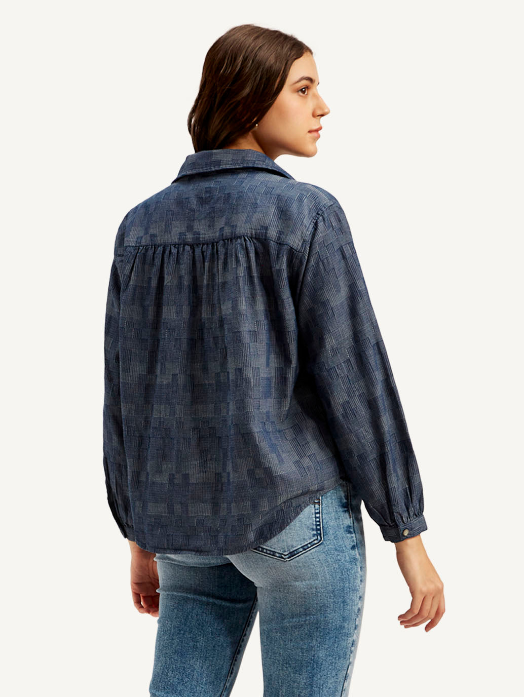Women's Abstract Dark Blue Spread Collar Top - Back View