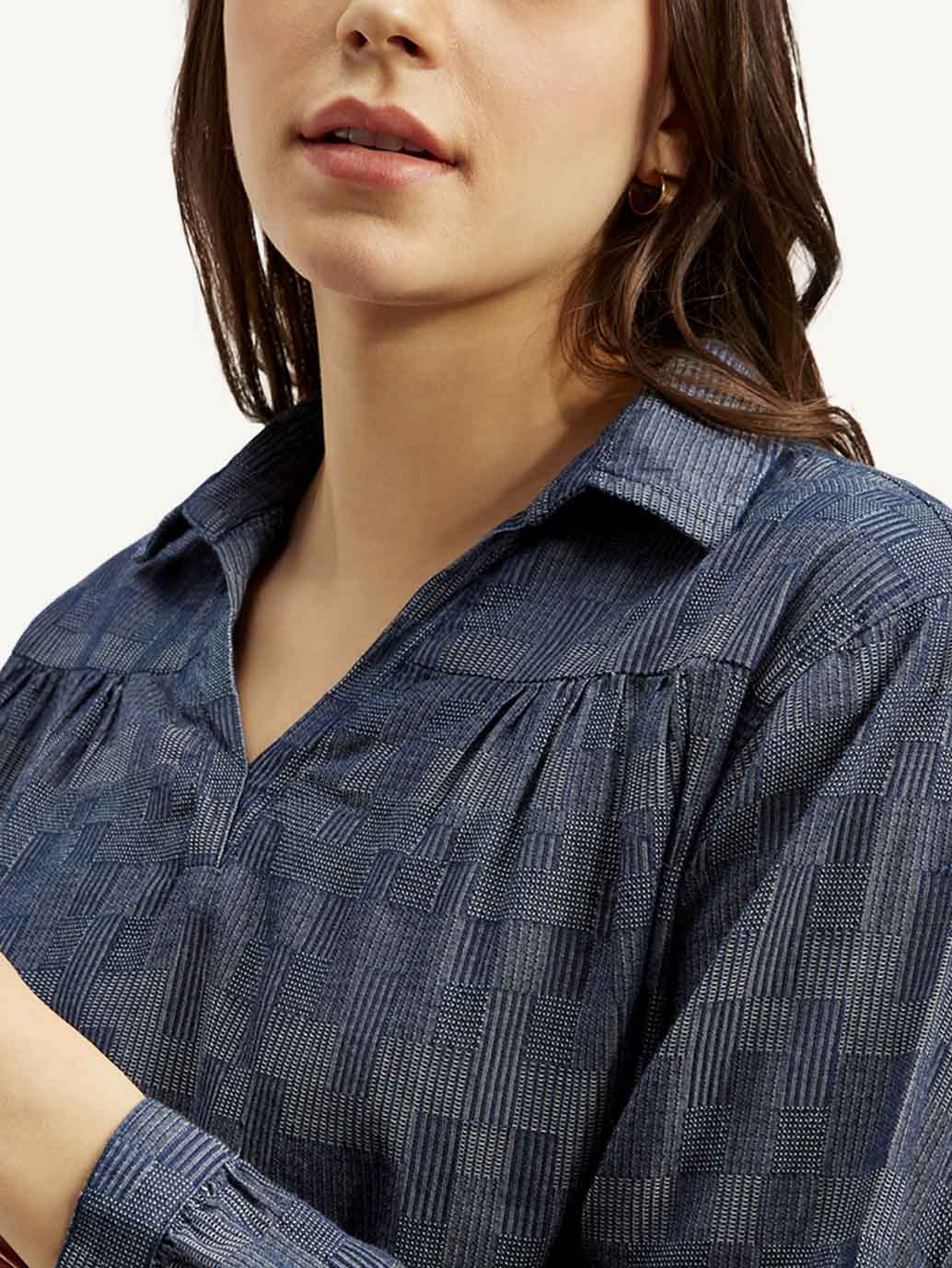 Women's Abstract Dark Blue Spread Collar Top - Detail View