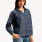 Women's Abstract Dark Blue Spread Collar Top - Side View