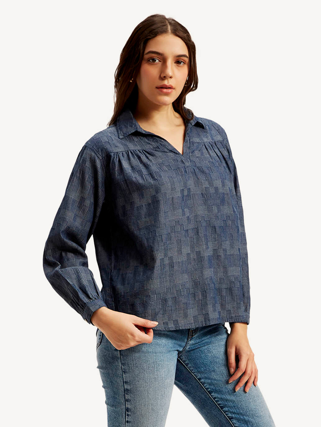 Women's Abstract Dark Blue Spread Collar Top - Side View
