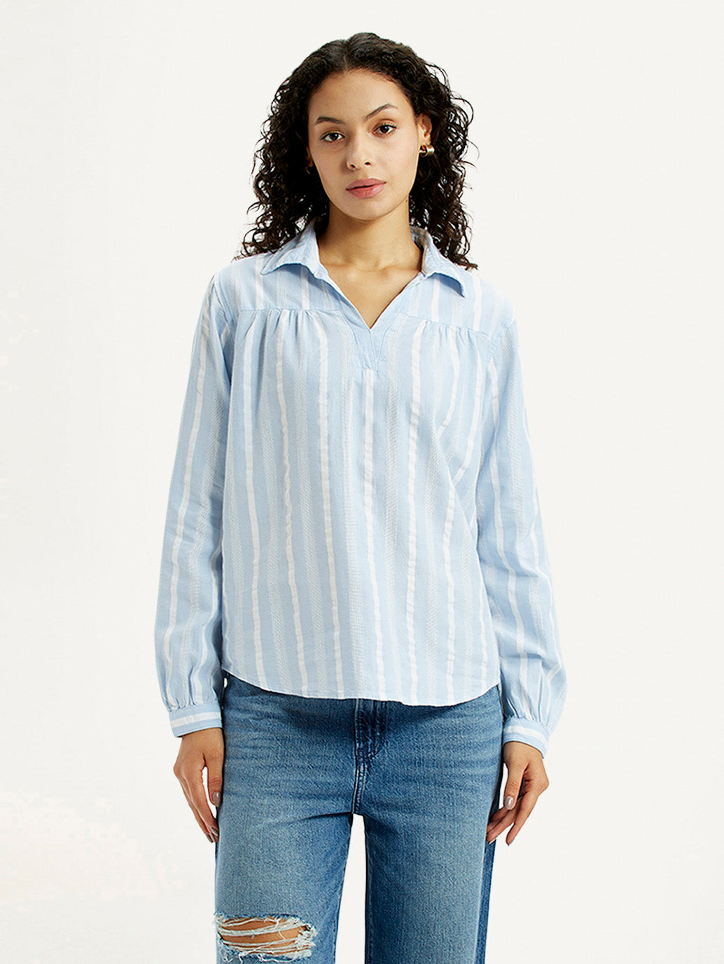 Women's Striped Light Blue Spread Collar Top