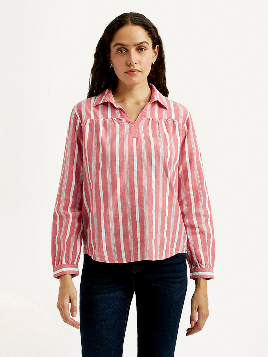 Women's Striped Pink Spread Collar Top - Front View
