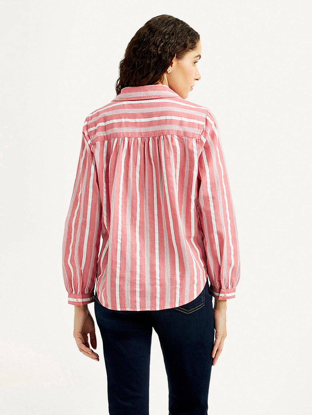 Women's Striped Pink Spread Collar Top - Back View