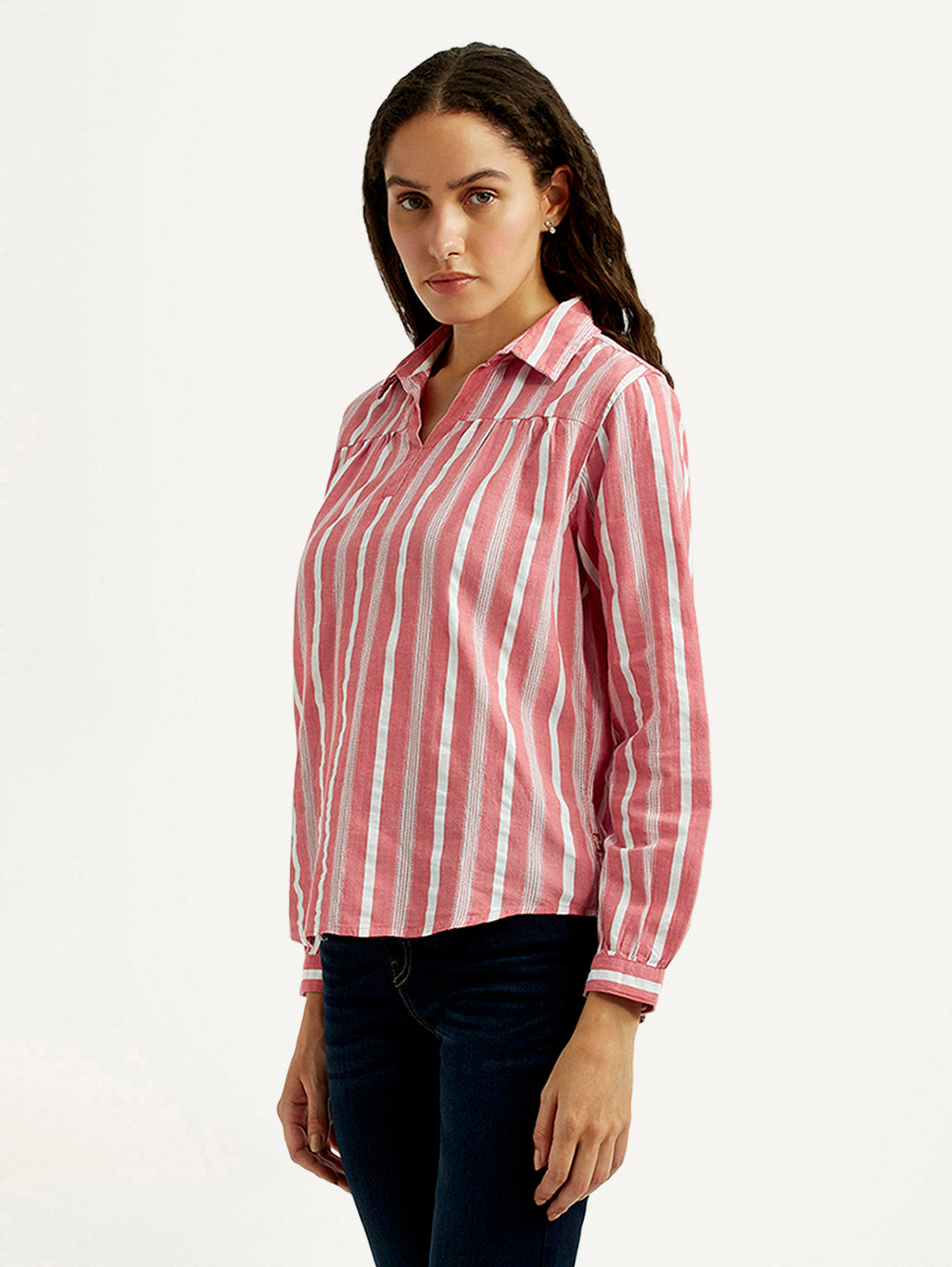 Women's Striped Pink Spread Collar Top - Side View