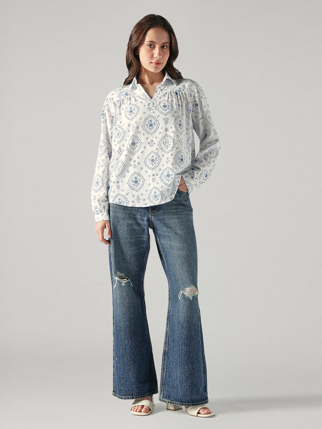 Women's Floral Regular Fit Collar Neck Top - Fullshot View
