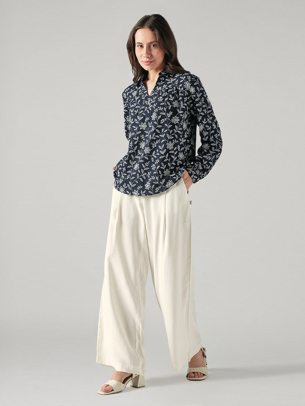 Women's Floral Regular Fit Collar Neck Top - Fullshot View