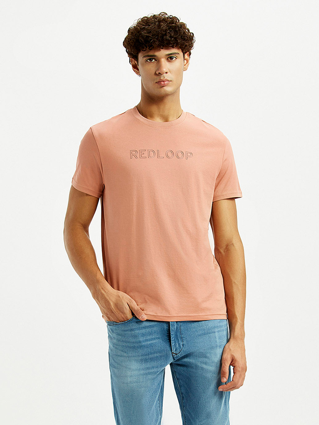 Men's Redloop Typography Peach Slim Fit T-shirt - Styleshot View