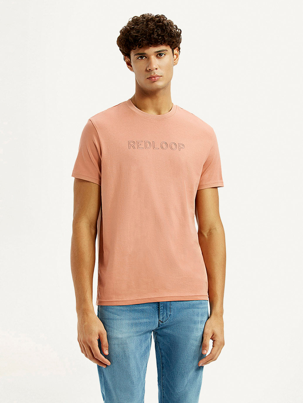 Men's Redloop Typography Peach Slim Fit T-shirt - Front View