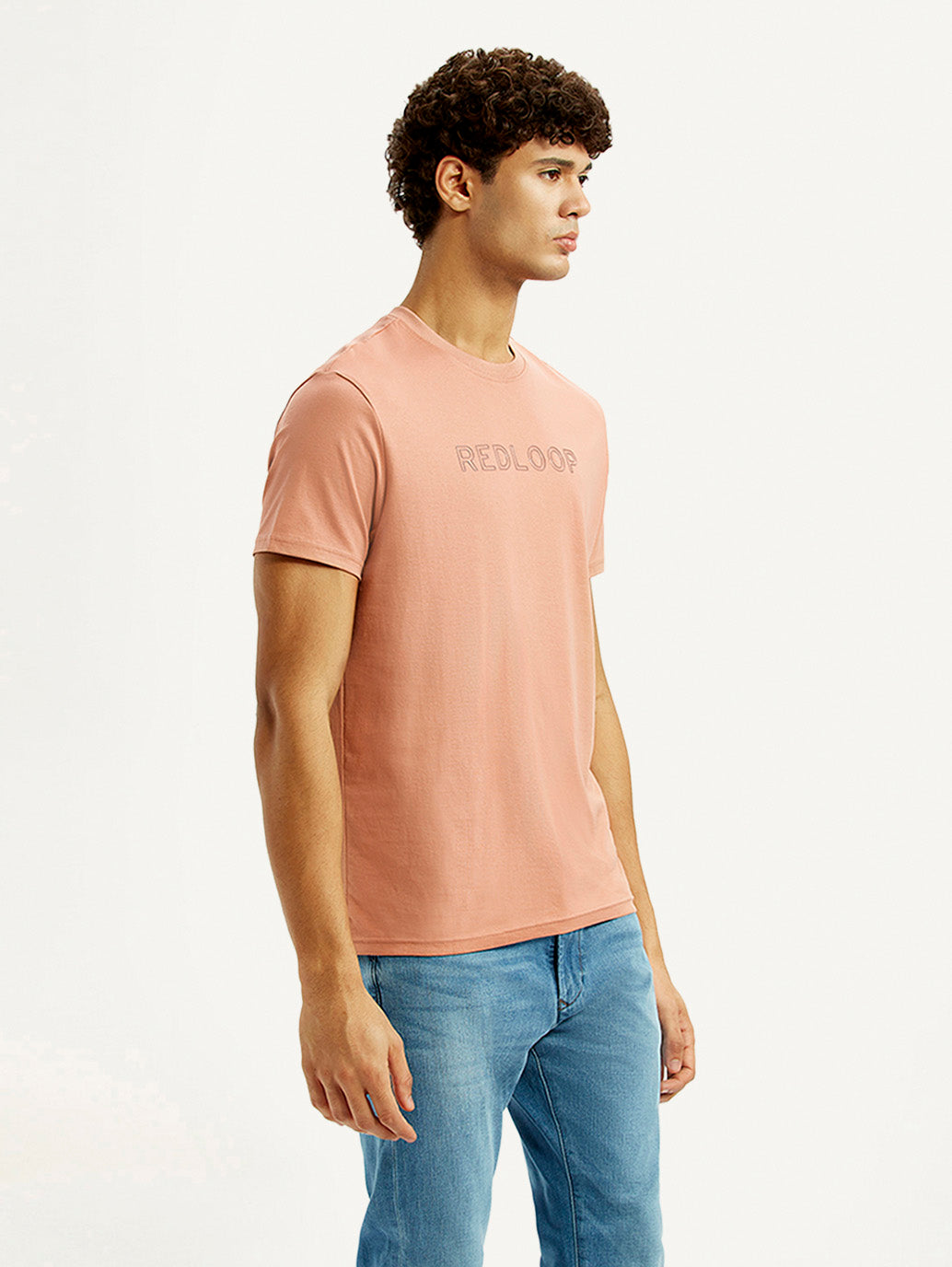 Men's Redloop Typography Peach Slim Fit T-shirt - Side View