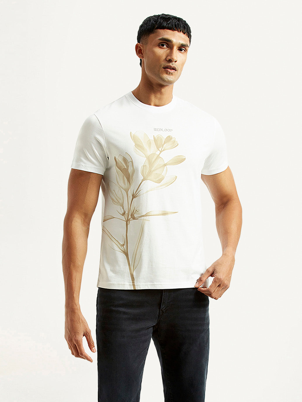 Men's Redloop Floral White Slim Fit T-shirt - Styleshot View