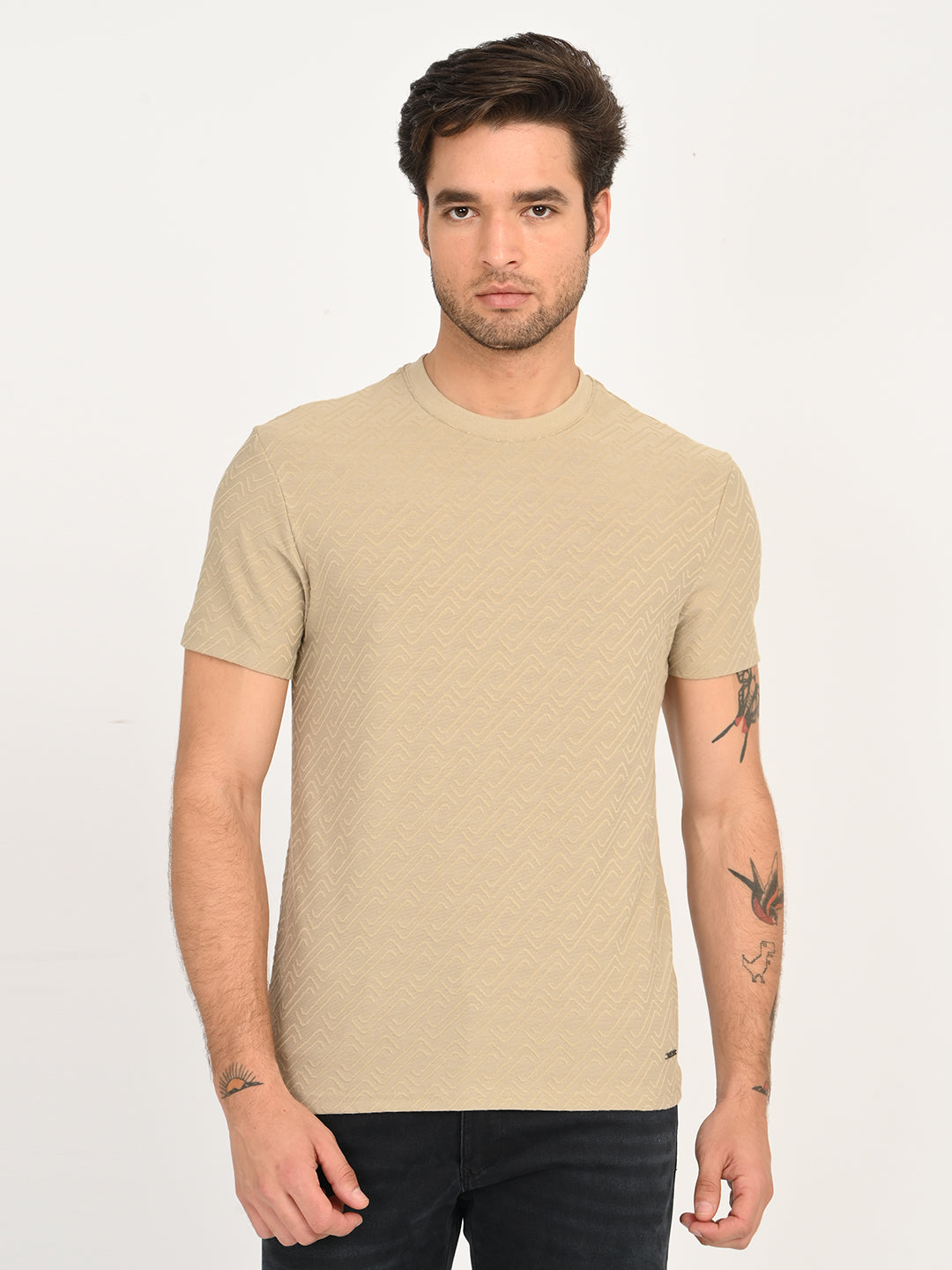 Men's Solid Beige Slim Fit T-shirt