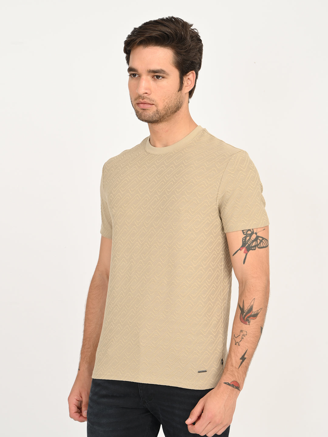 Men's Solid Beige Slim Fit T-shirt - side View
