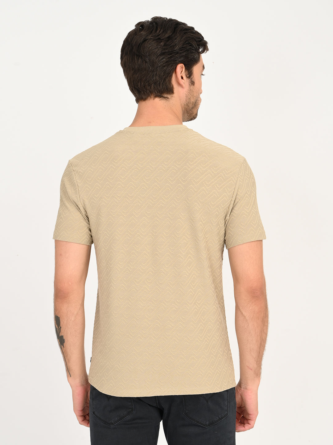 Men's Solid Beige Slim Fit T-shirt - back View