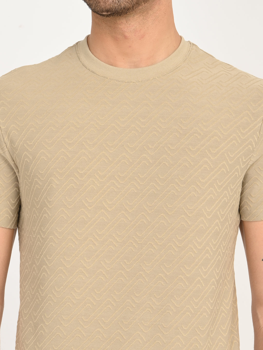 Men's Solid Beige Slim Fit T-shirt - deatil View