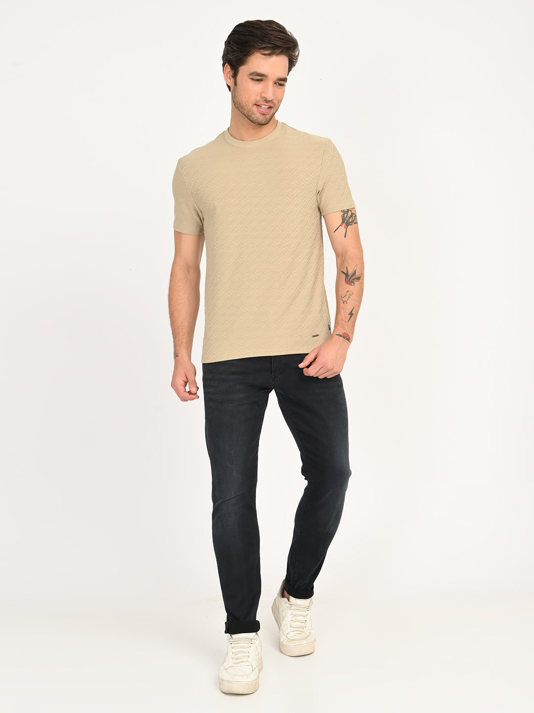 Men's Solid Beige Slim Fit T-shirt - 6 View
