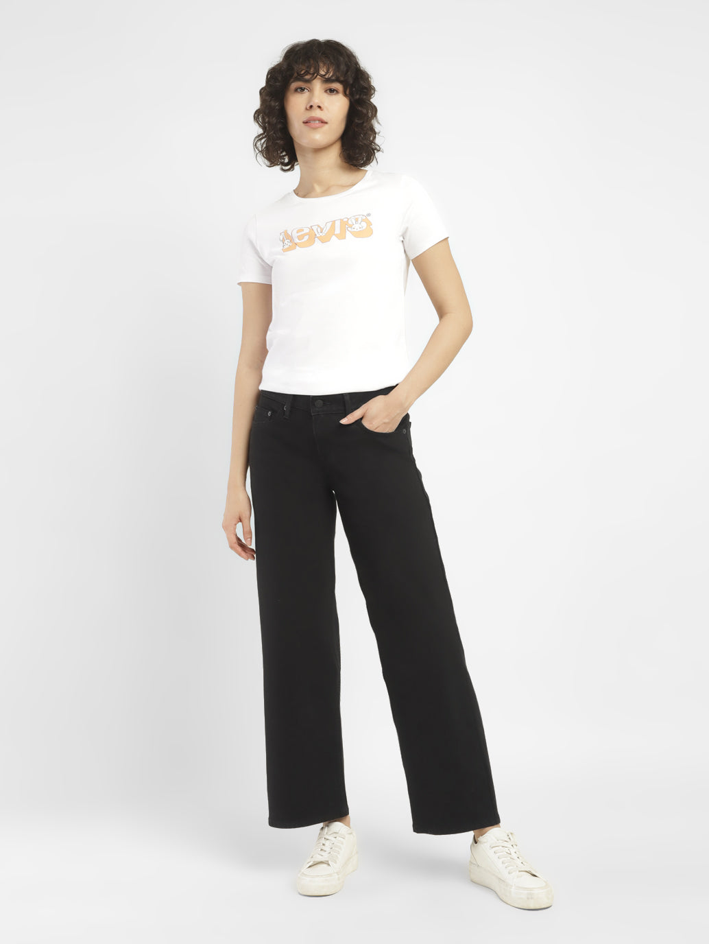 Women's Black Loose Fit High Rise Jeans - ModelFront View