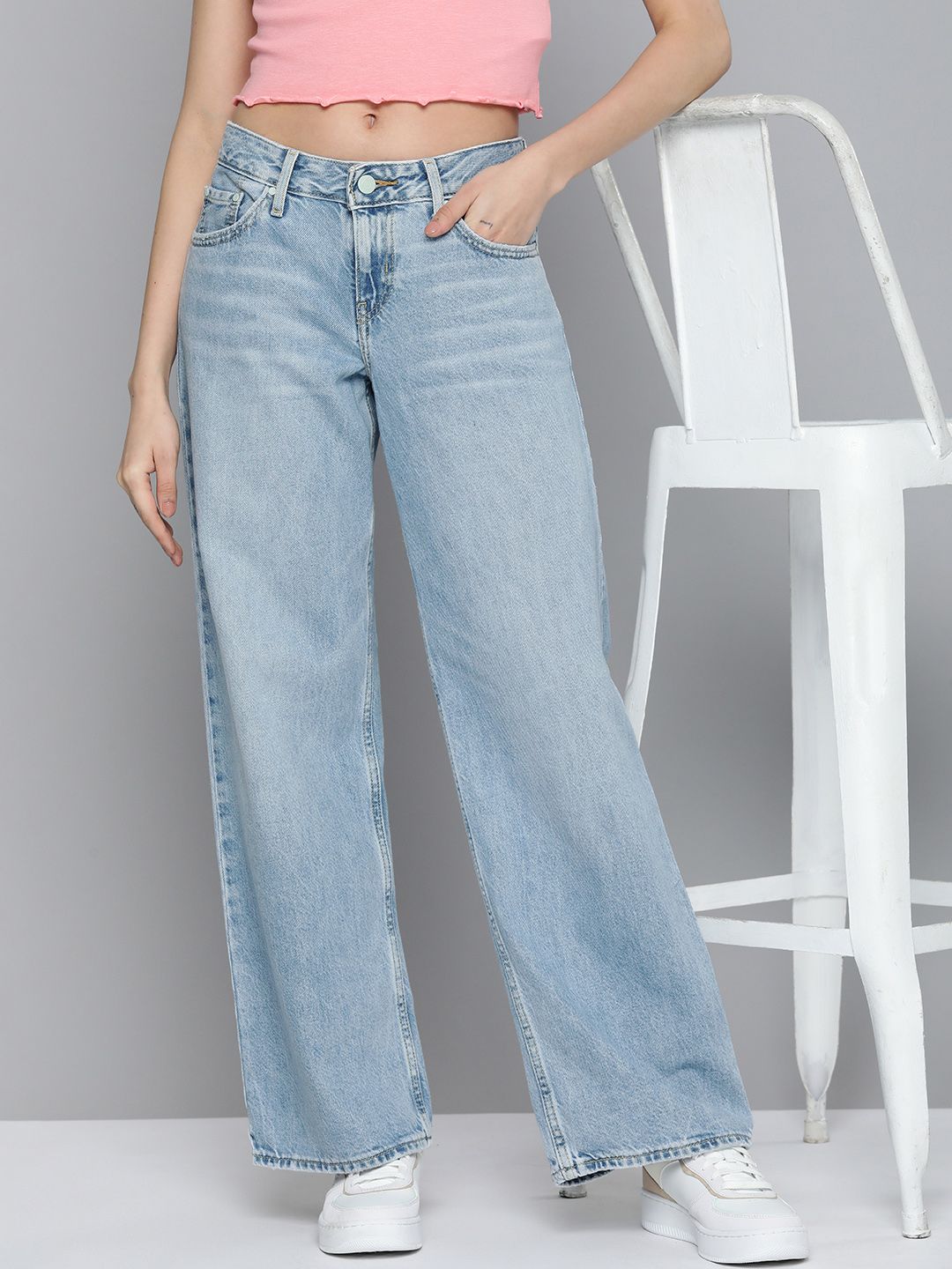 Women's Blue Loose Fit High Rise Jeans - 1 View