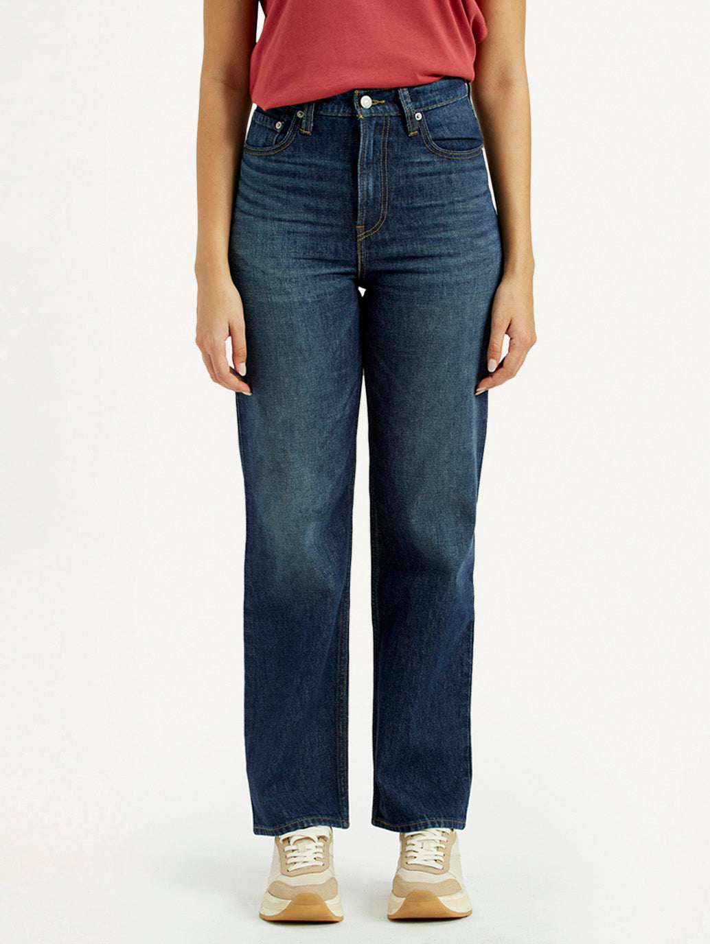 Women's Dark Indigo Ribcage Straight Fit High Rise Jeans - Front View