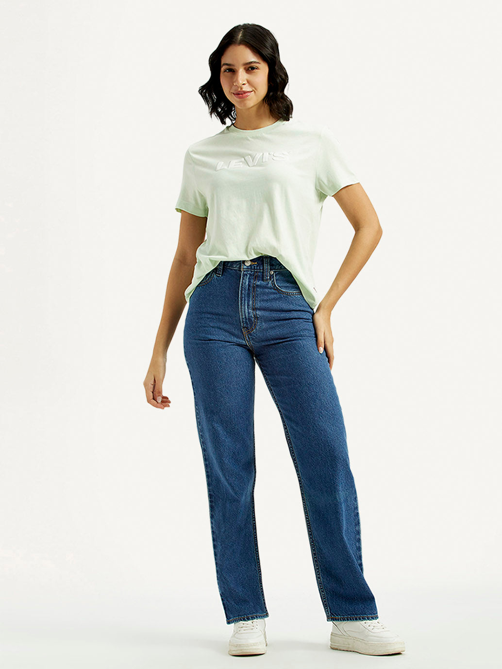 Women's Med Indigo Ribcage Straight Fit High Rise Jeans - Styleshot View