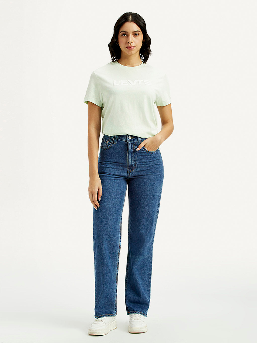 Women's Med Indigo Ribcage Straight Fit High Rise Jeans - Front View