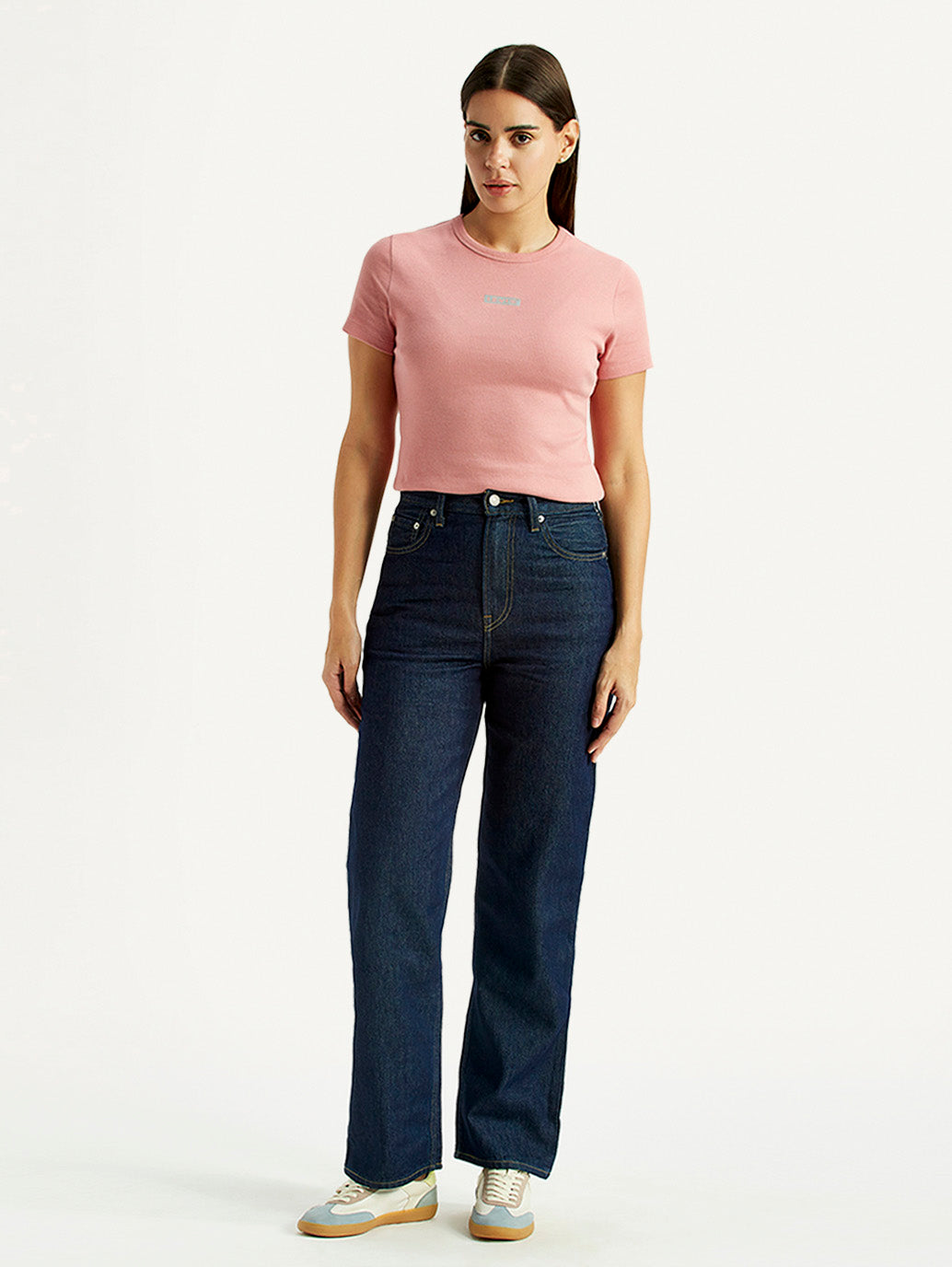 Women's Navy Ribcage Straight Fit High Rise Jeans - Front View