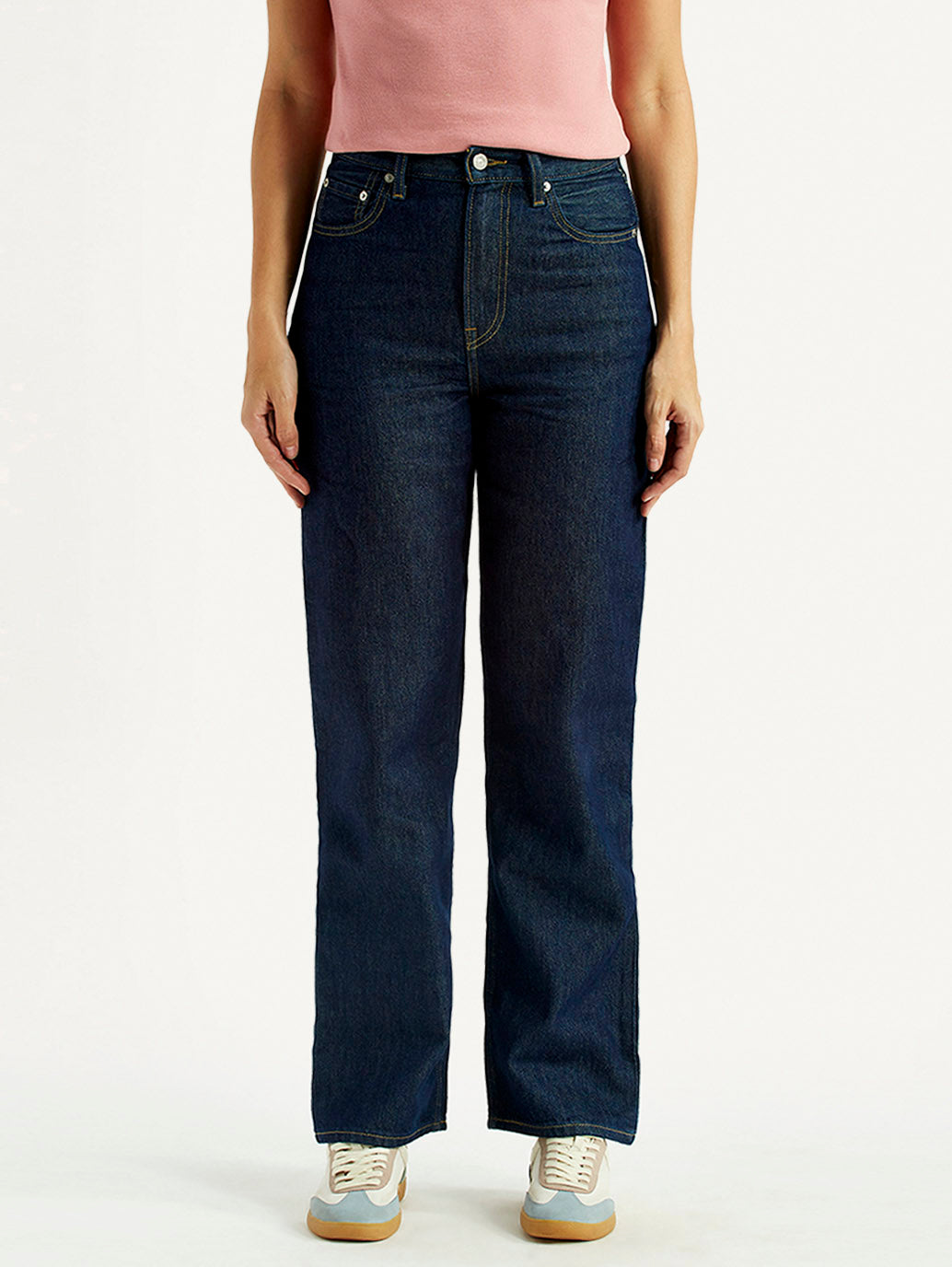 Women's Navy Ribcage Straight Fit High Rise Jeans - Front View