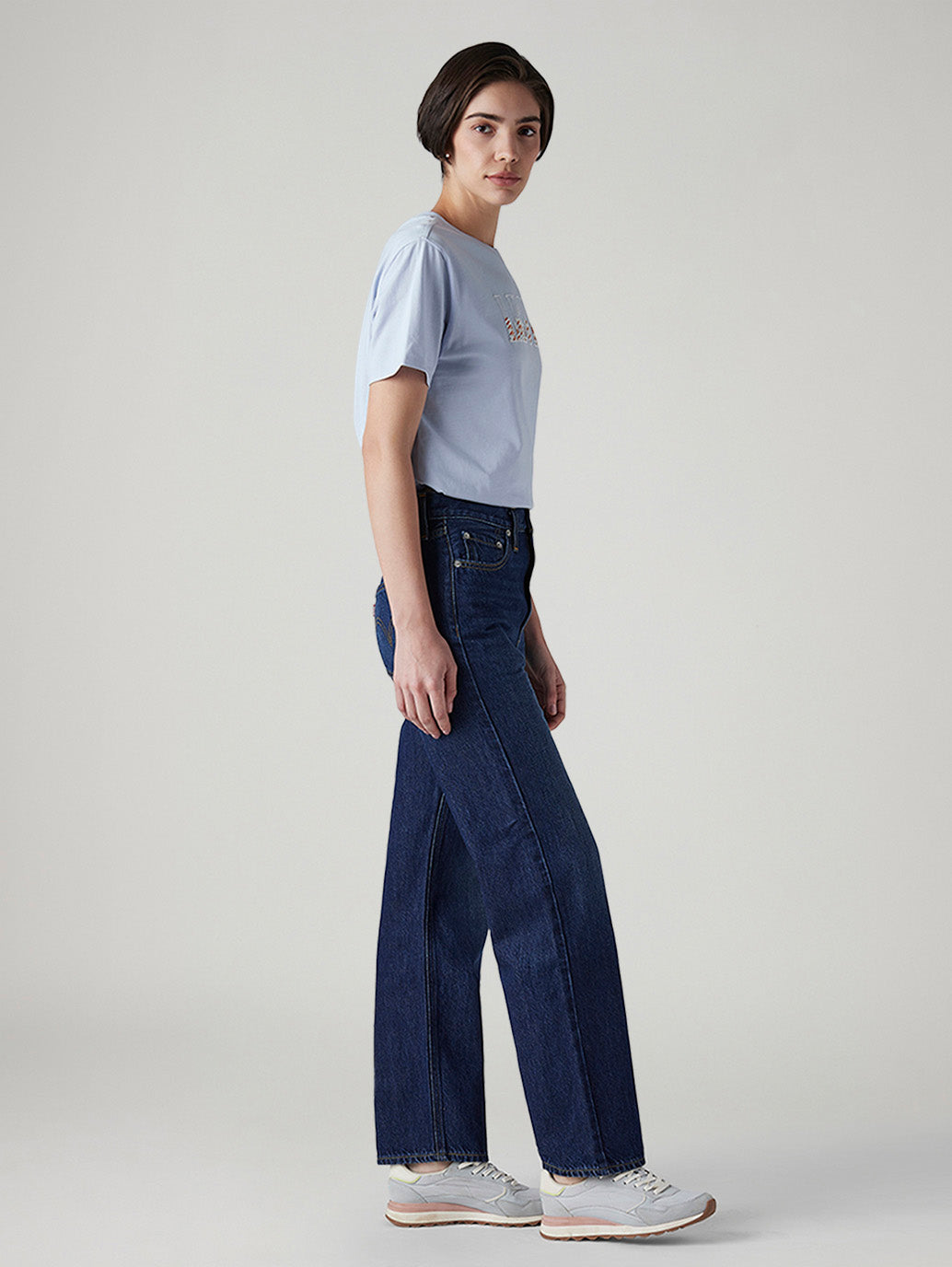Women's Dark Indigo Ribcage Straight Fit High Rise Jeans - Side View