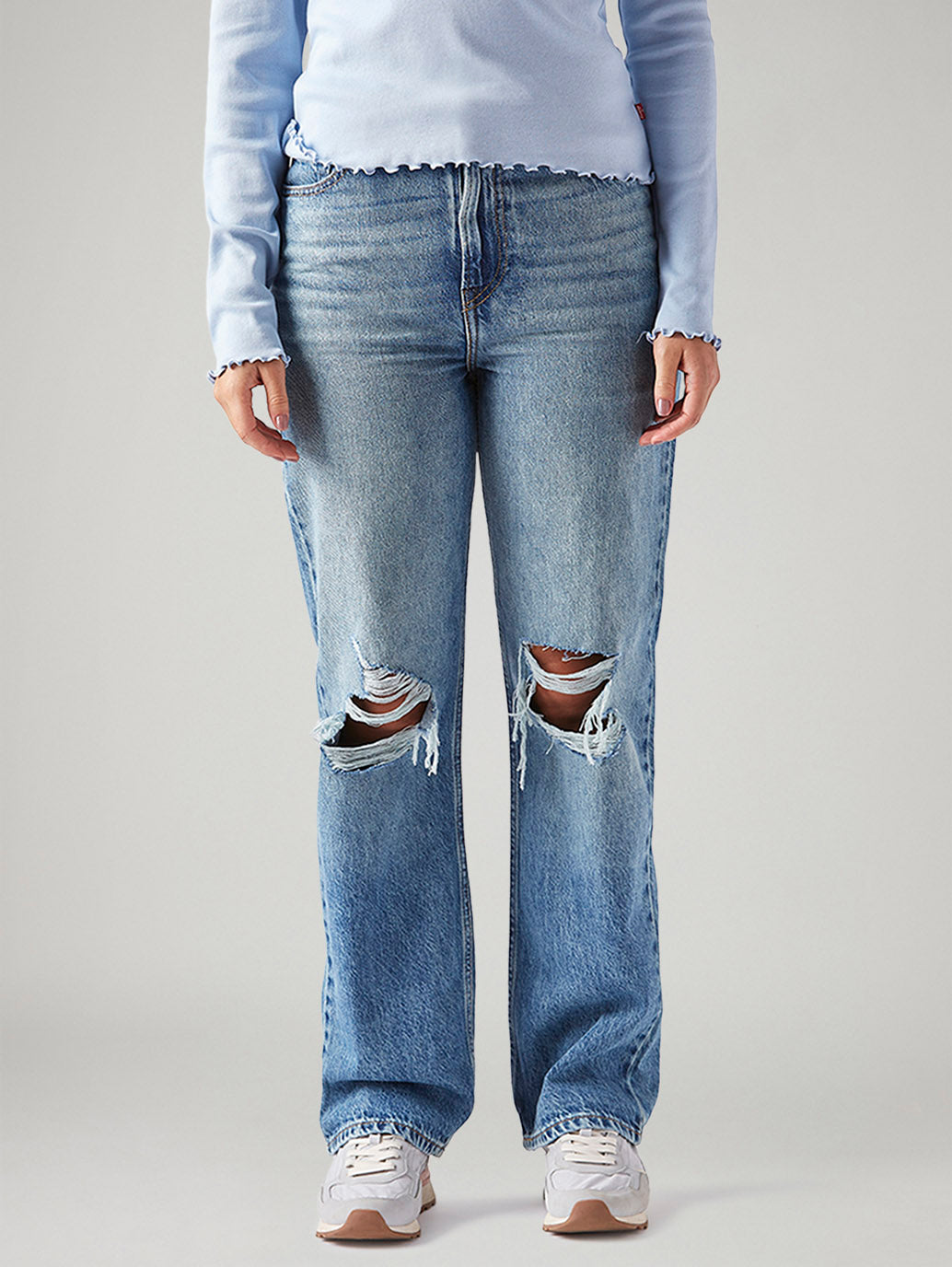 Women's Light Blue Ribcage Straight Fit High Rise Jeans - Front View