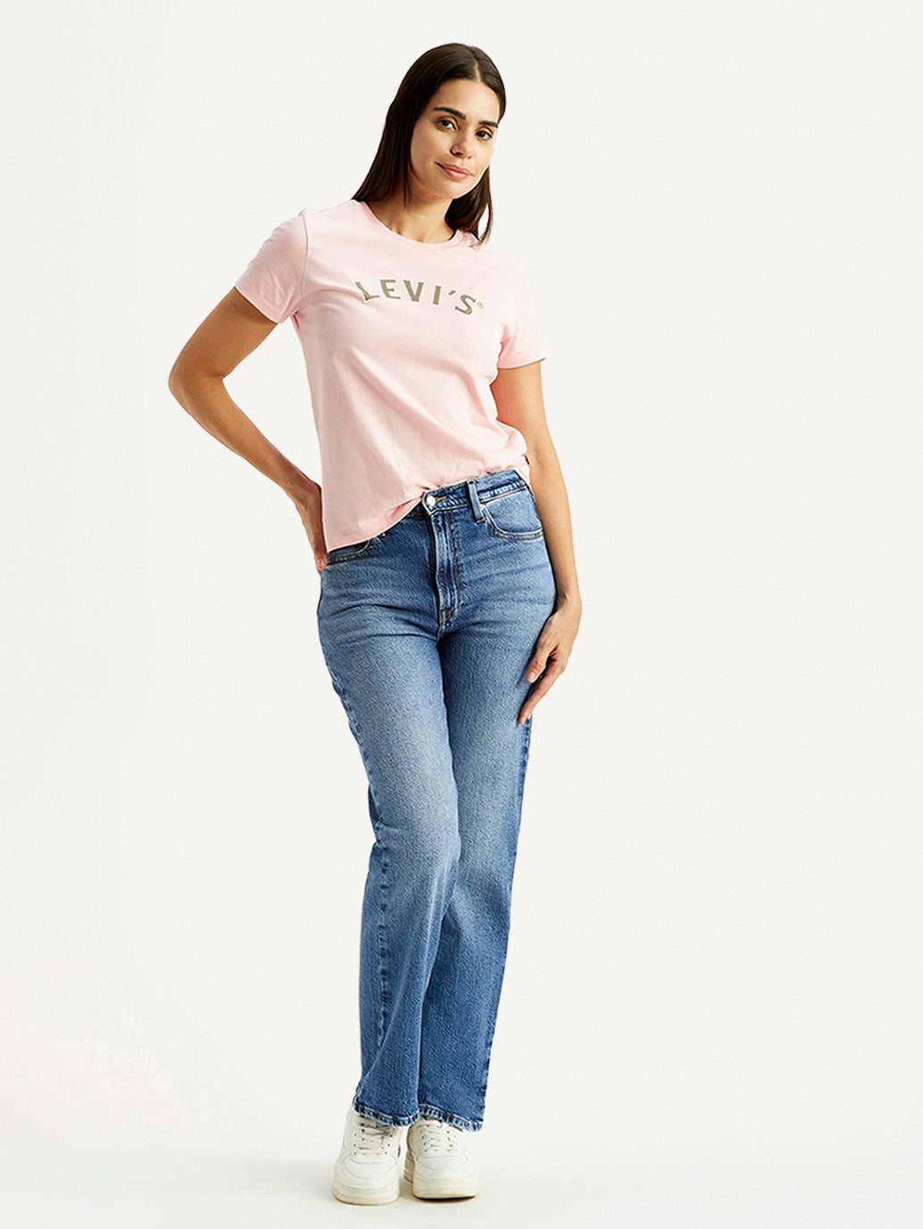 Women's Ribcage Straight Fit Blue High Rise Jeans - Styleshot View