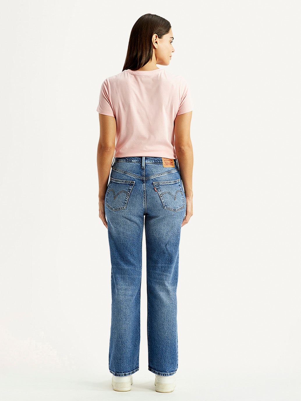 Women's Ribcage Straight Fit Blue High Rise Jeans - Back View