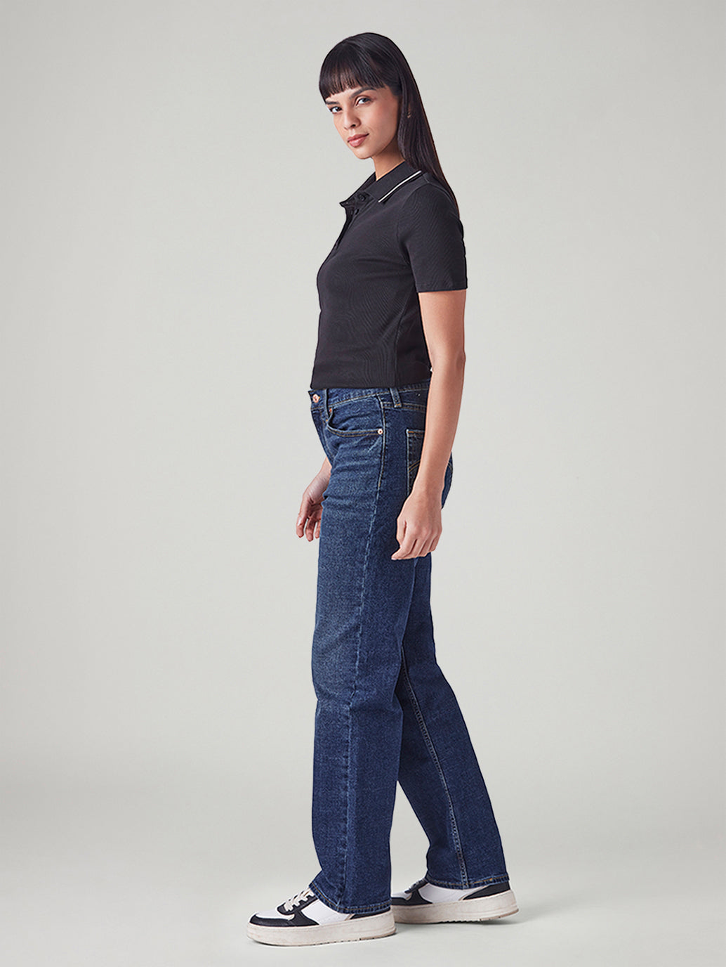Women's Indigo Ribcage Straight Fit High Rise Jeans - Side View
