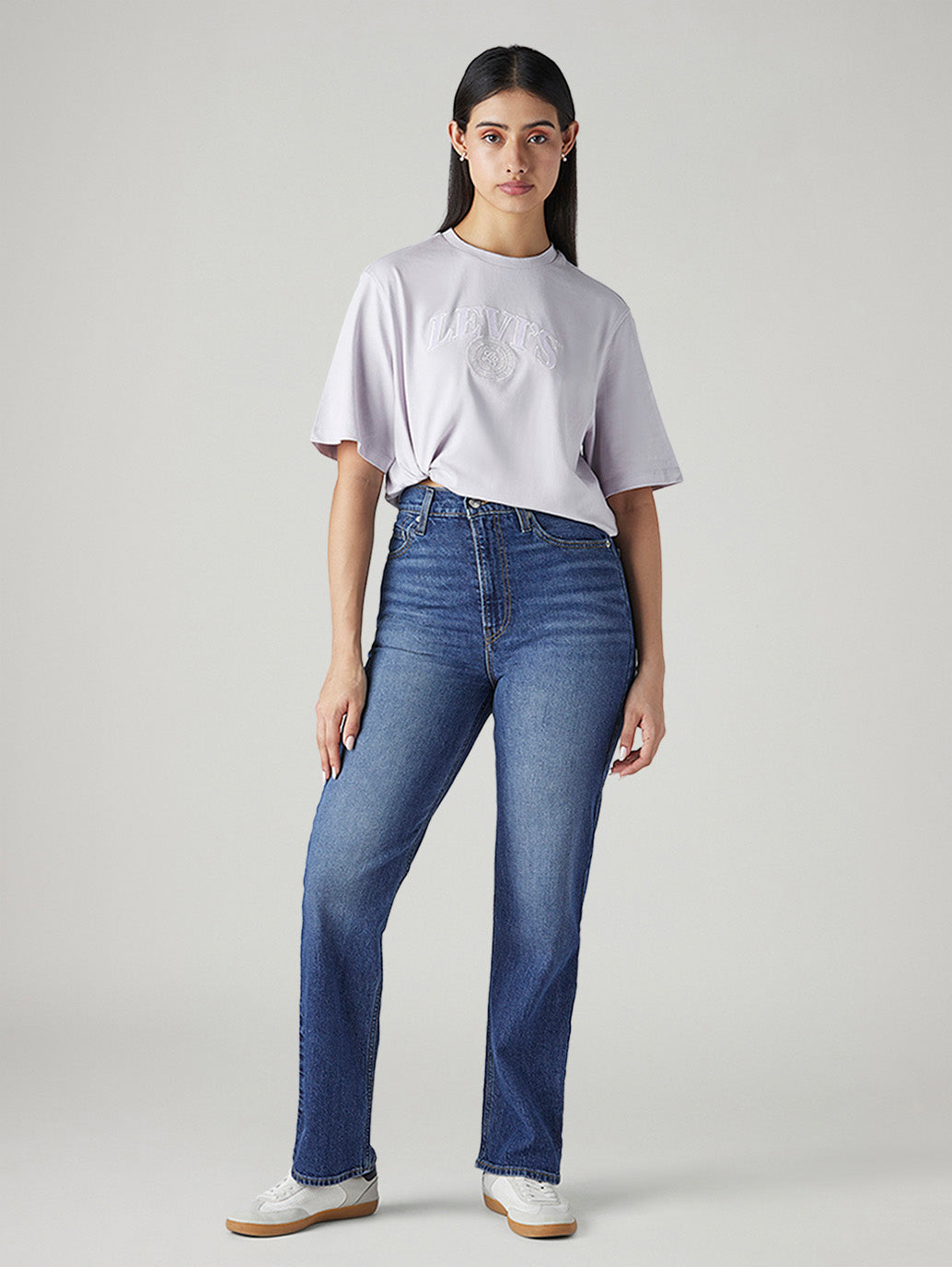 Women's Med Indigo Ribcage Straight Fit High Rise Jeans