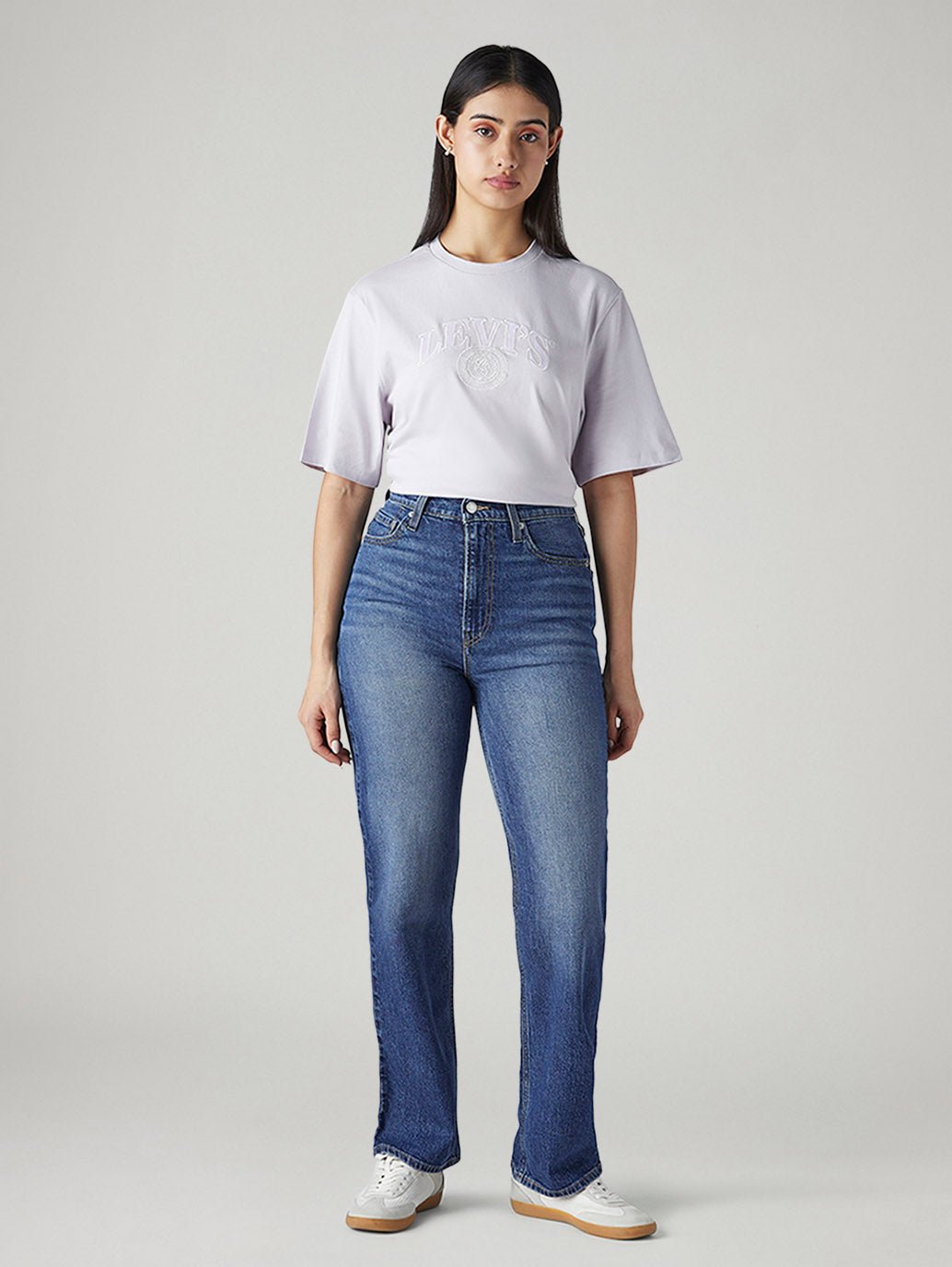 Women's Med Indigo Ribcage Straight Fit High Rise Jeans - Front View
