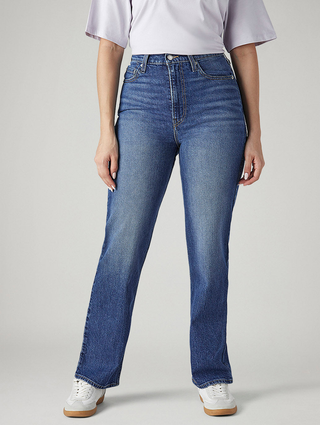 Women's Med Indigo Ribcage Straight Fit High Rise Jeans - Front View