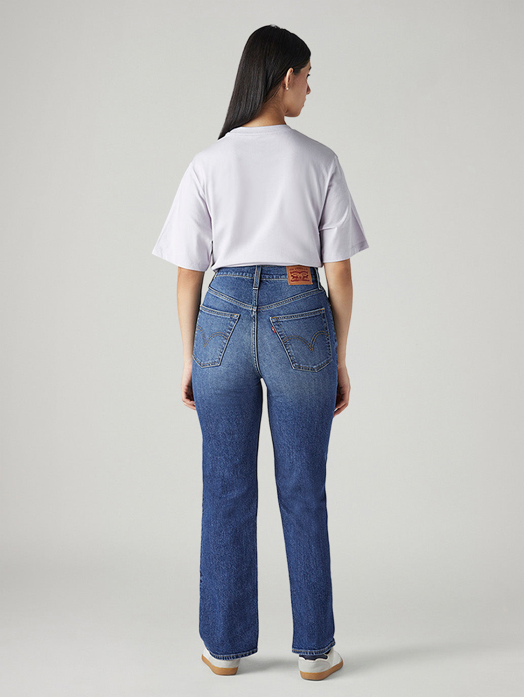 Women's Med Indigo Ribcage Straight Fit High Rise Jeans - Back View