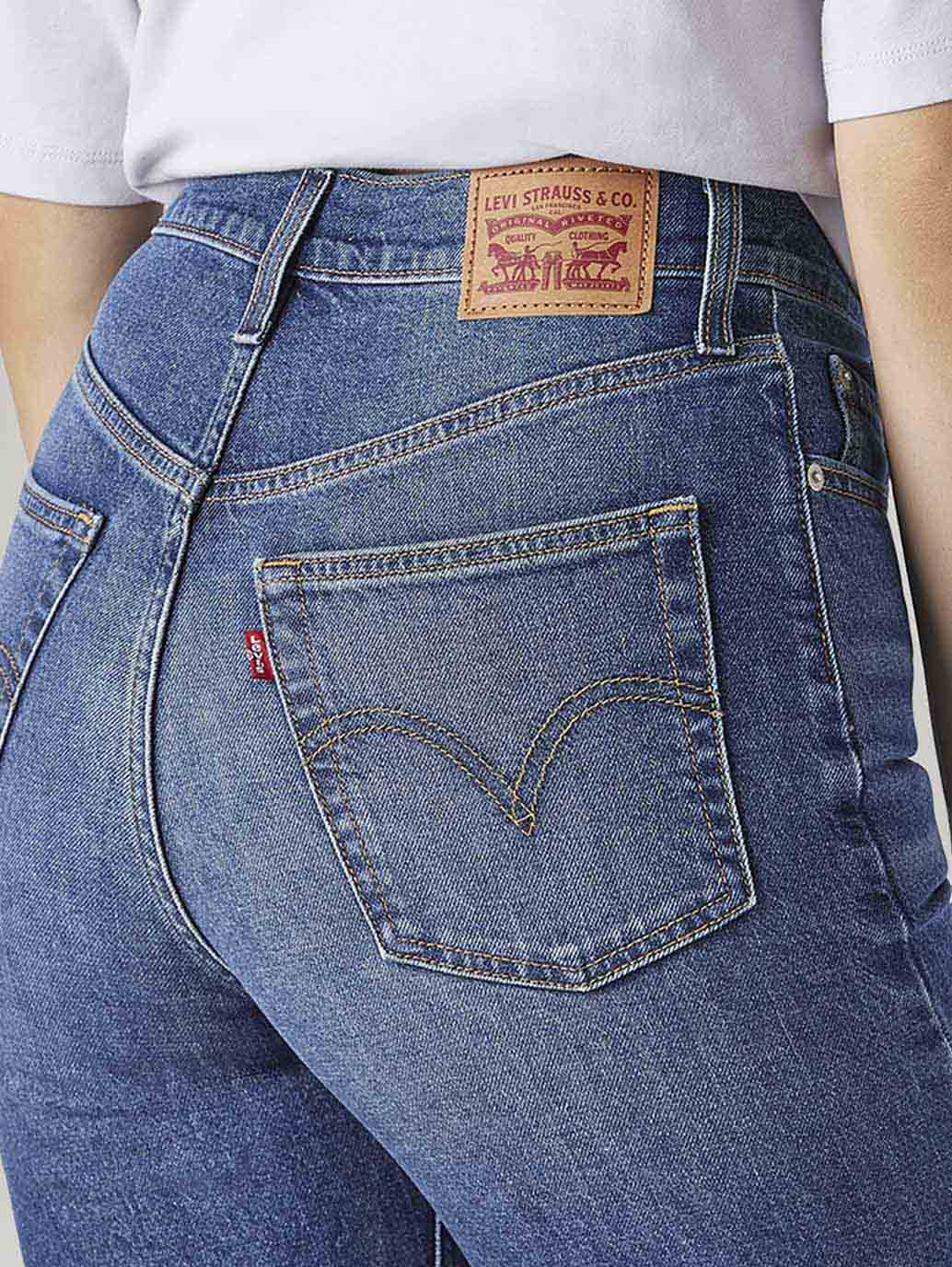 Women's Med Indigo Ribcage Straight Fit High Rise Jeans - Detail View
