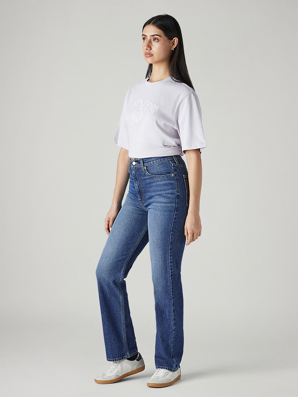 Women's Med Indigo Ribcage Straight Fit High Rise Jeans - Side View